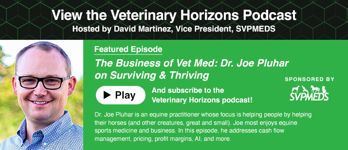 Promotional banner for the Veterinary Horizons Podcast, hosted by David Martinez, Vice President of SVPMEDS. Featured episode: The Business of Vet Med: Dr. Joe Pluhar on Surviving & Thriving. Includes a play button linking to Episode 3, with text hig